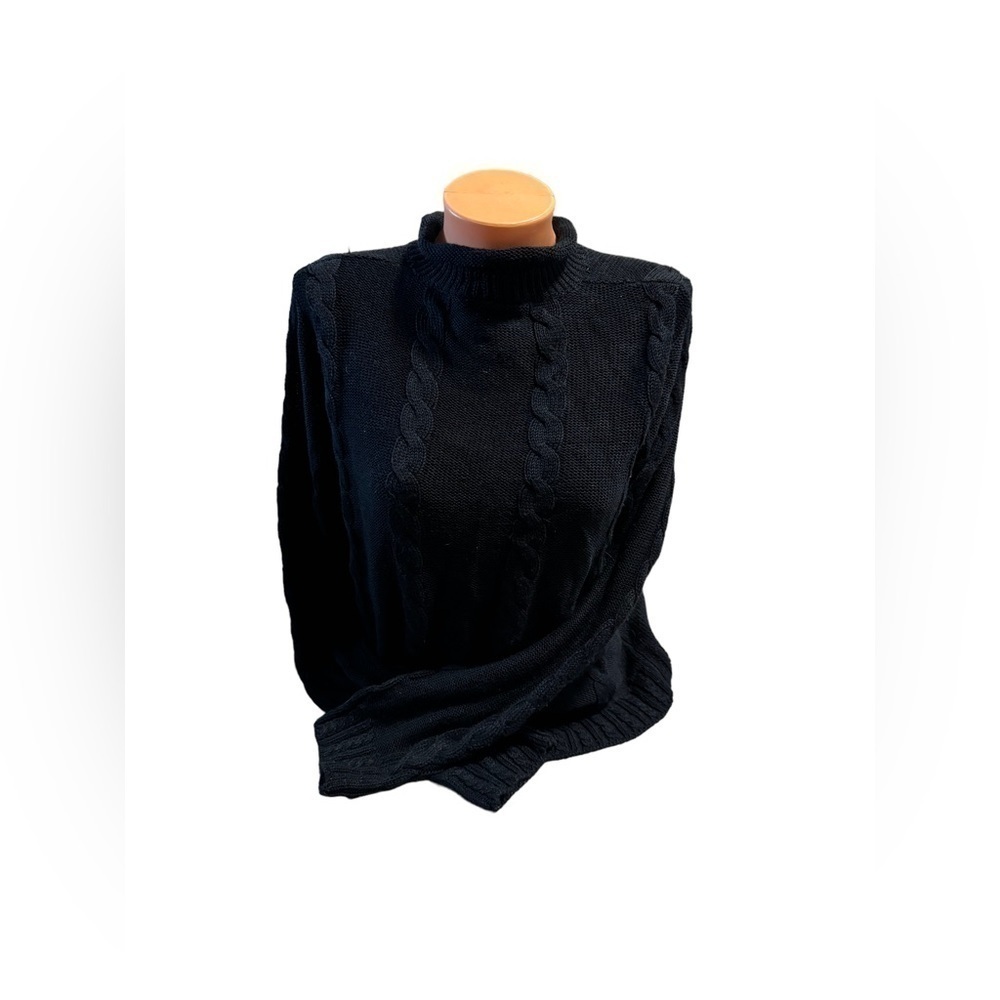 Vintage Suzelle Women's Silk Wool Blend Mock Neck Cable Knit Black Sweater Large